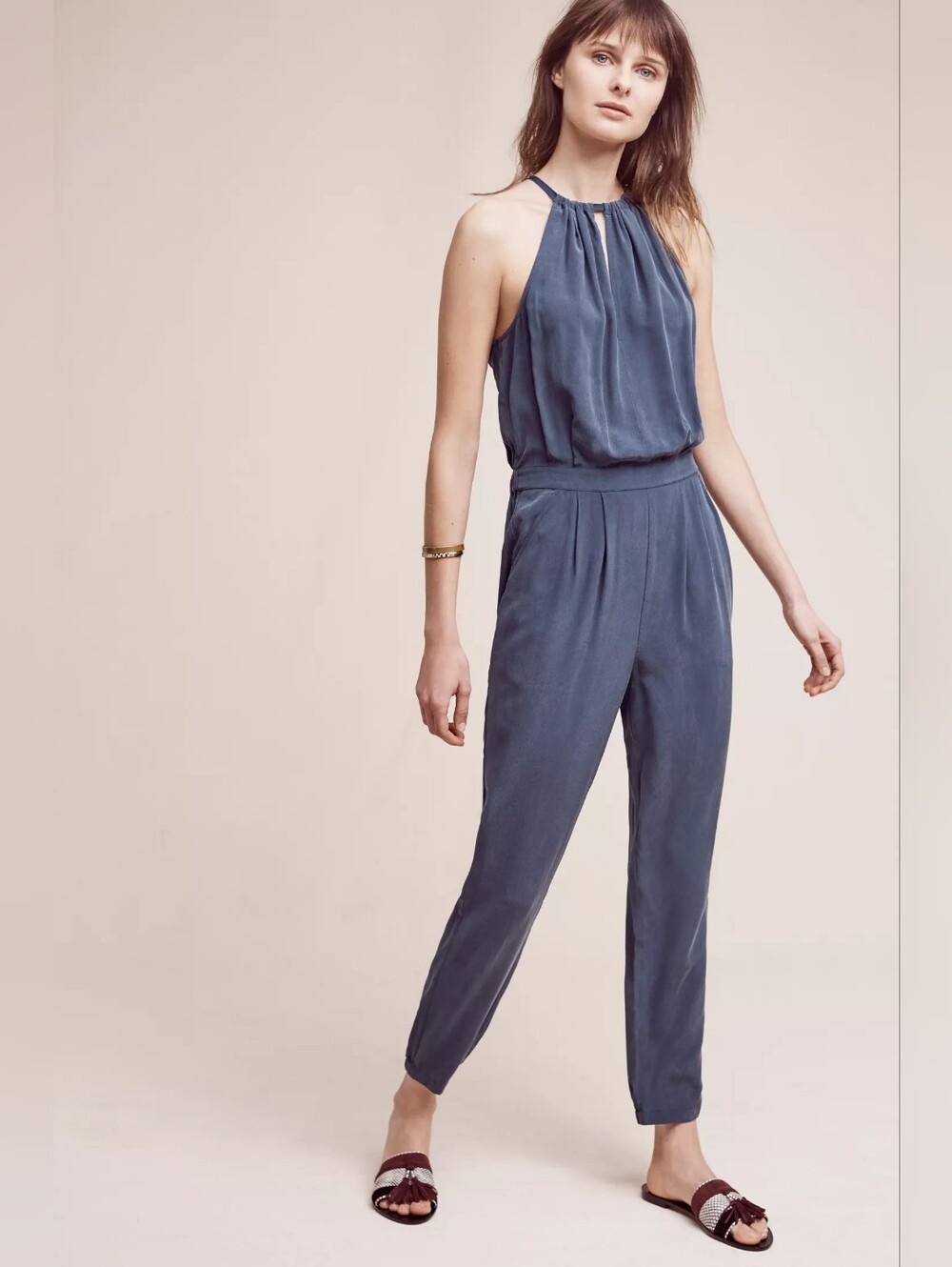 Anthropologie Blue Grey Halter Jumpsuit Keyhole Sleeveless Romper Pants L